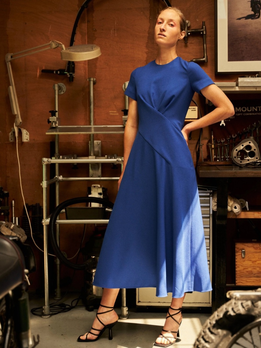 Neiman Marcus Cobalt Blue Short-Sleeve Midi Dress